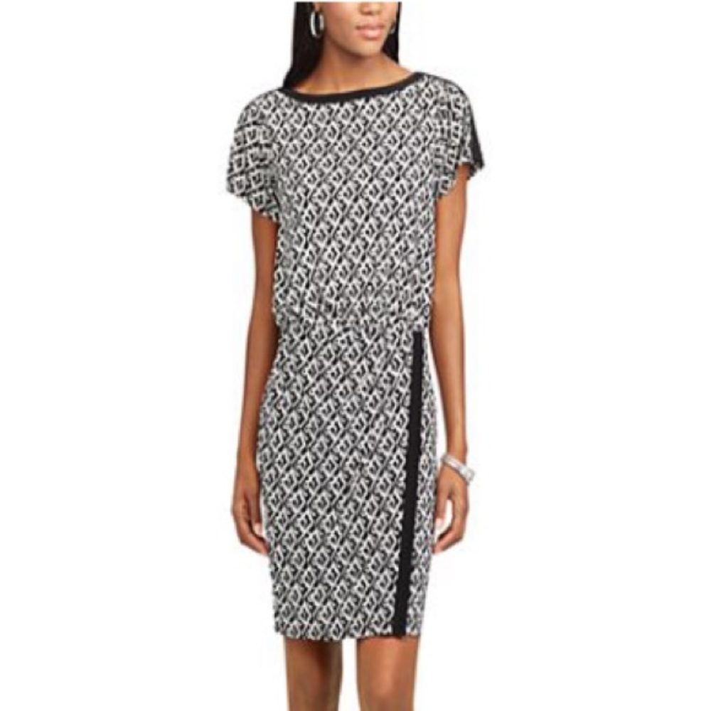 Chaps Blouson Boatneck Dress Black & White Geometric Ikat Print Women’s Large